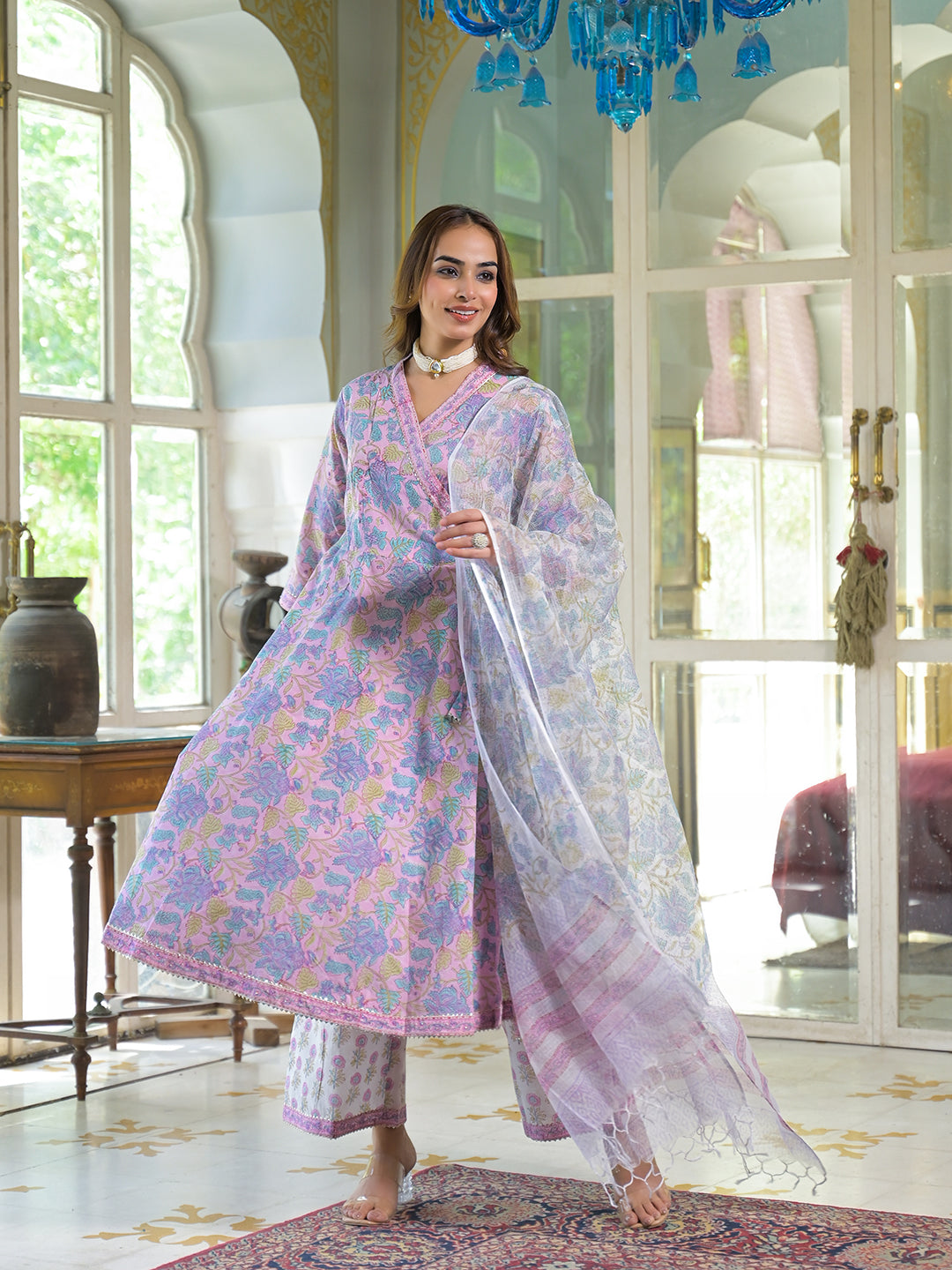 Pink Cotton Block Print Angarakha Kurta Pant with Dupatta
