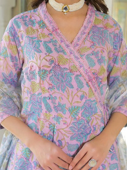 Pink Cotton Block Print Angarakha Kurta Pant with Dupatta