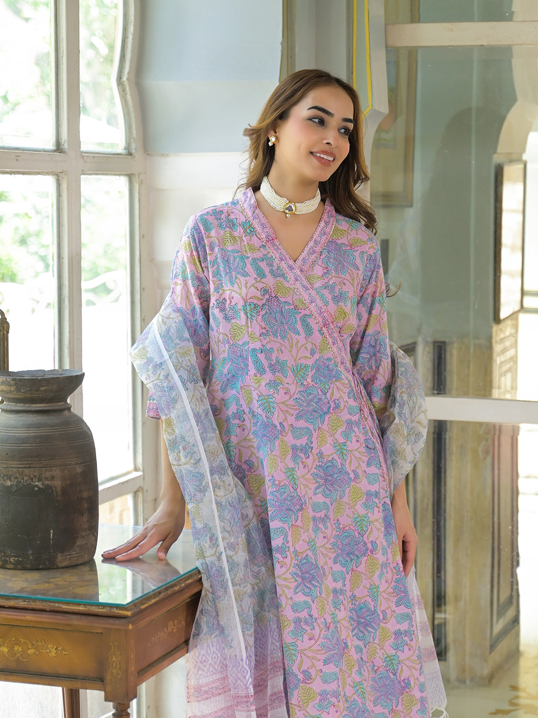 Pink Cotton Block Print Angarakha Kurta Pant with Dupatta