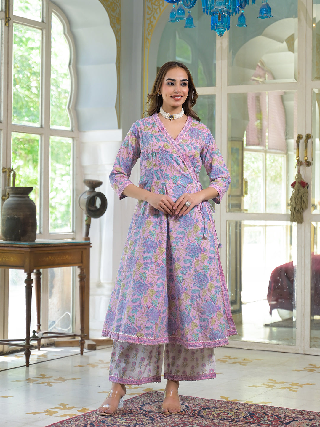Pink Cotton Block Print Angarakha Kurta Pant with Dupatta