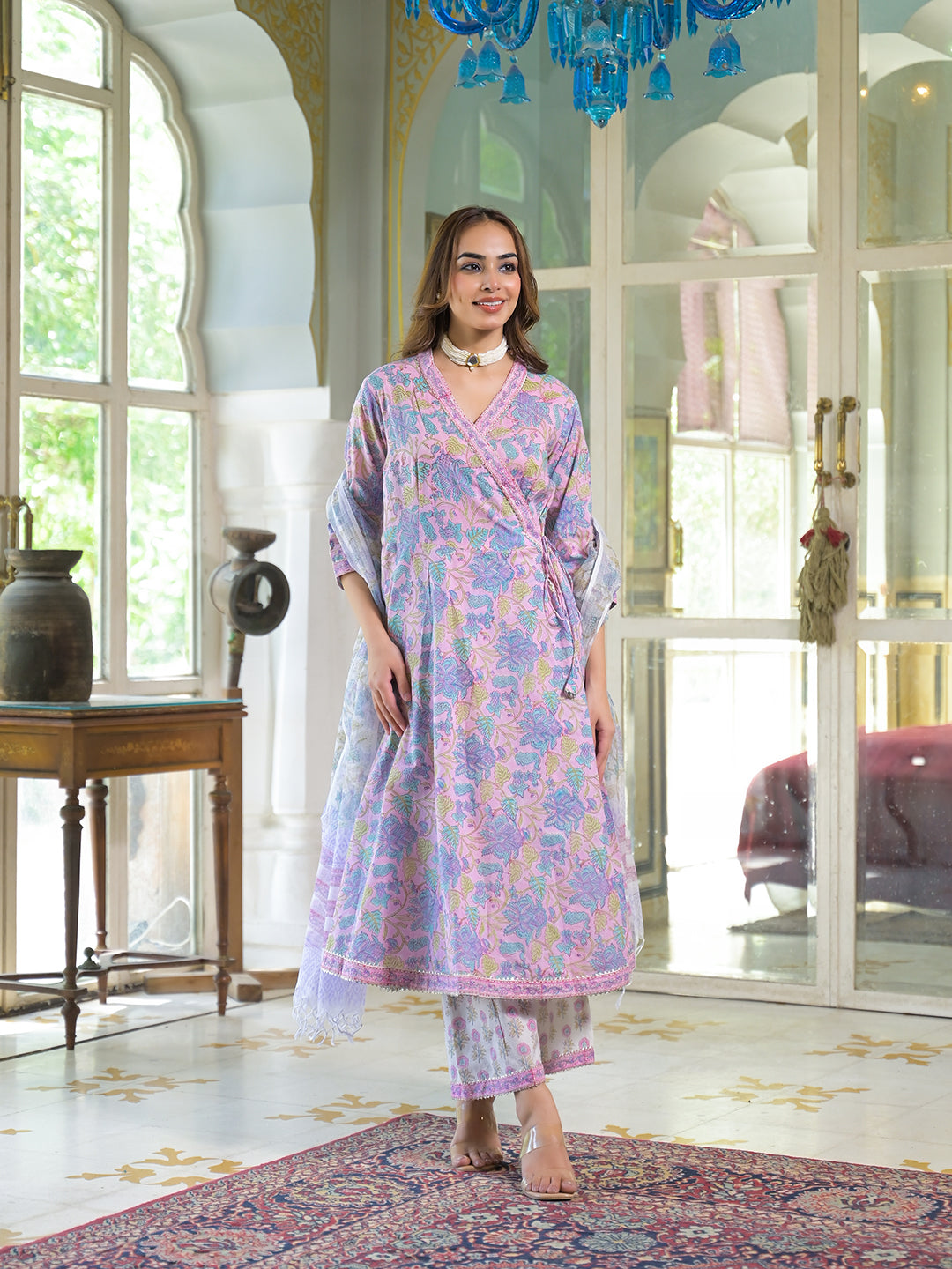 Pink Cotton Block Print Angarakha Kurta Pant with Dupatta