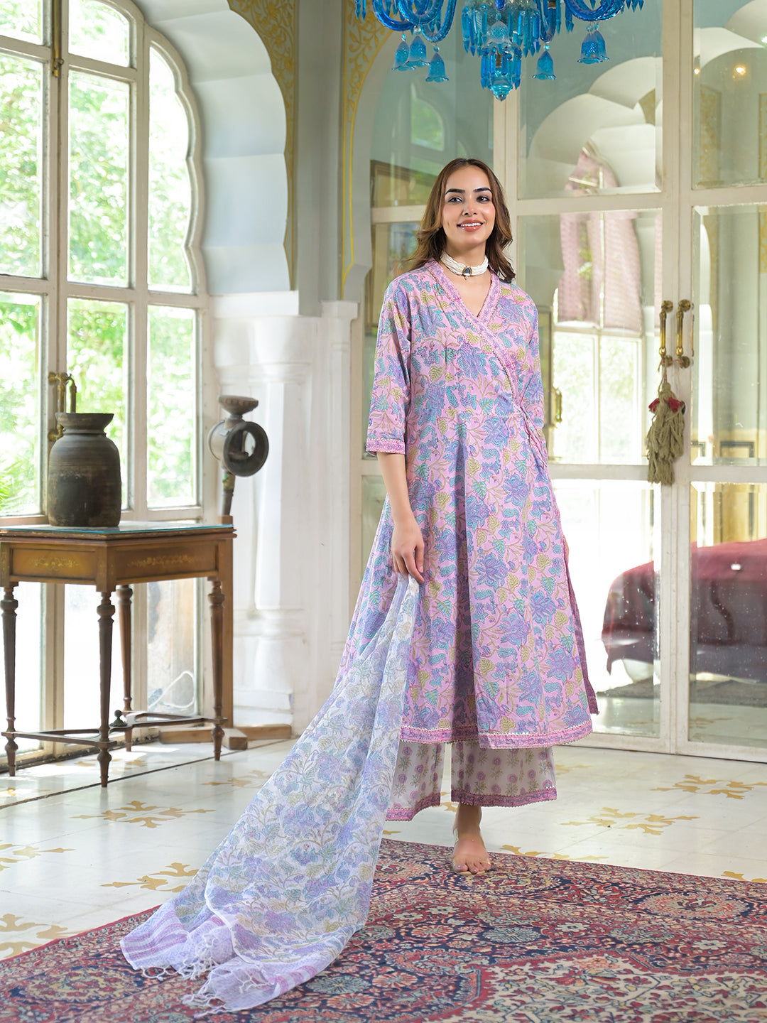 Pink Cotton Block Print Angarakha Kurta Pant with Dupatta