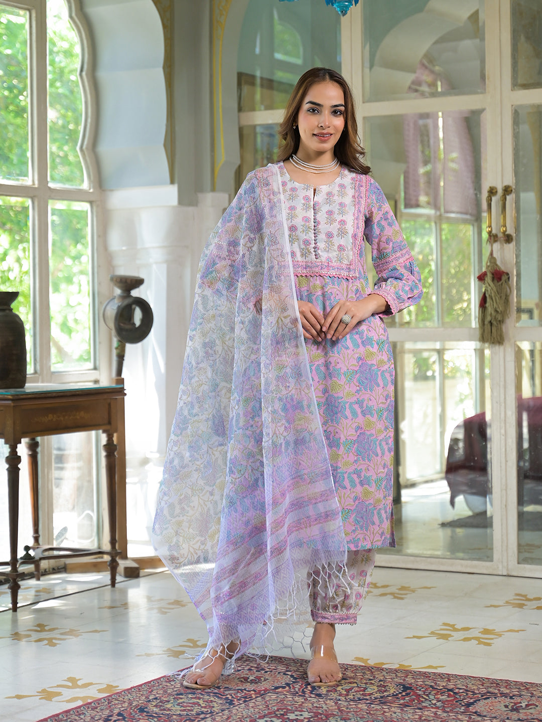 Pink Cotton Block Print Straight Kurta Pant With Dupatta