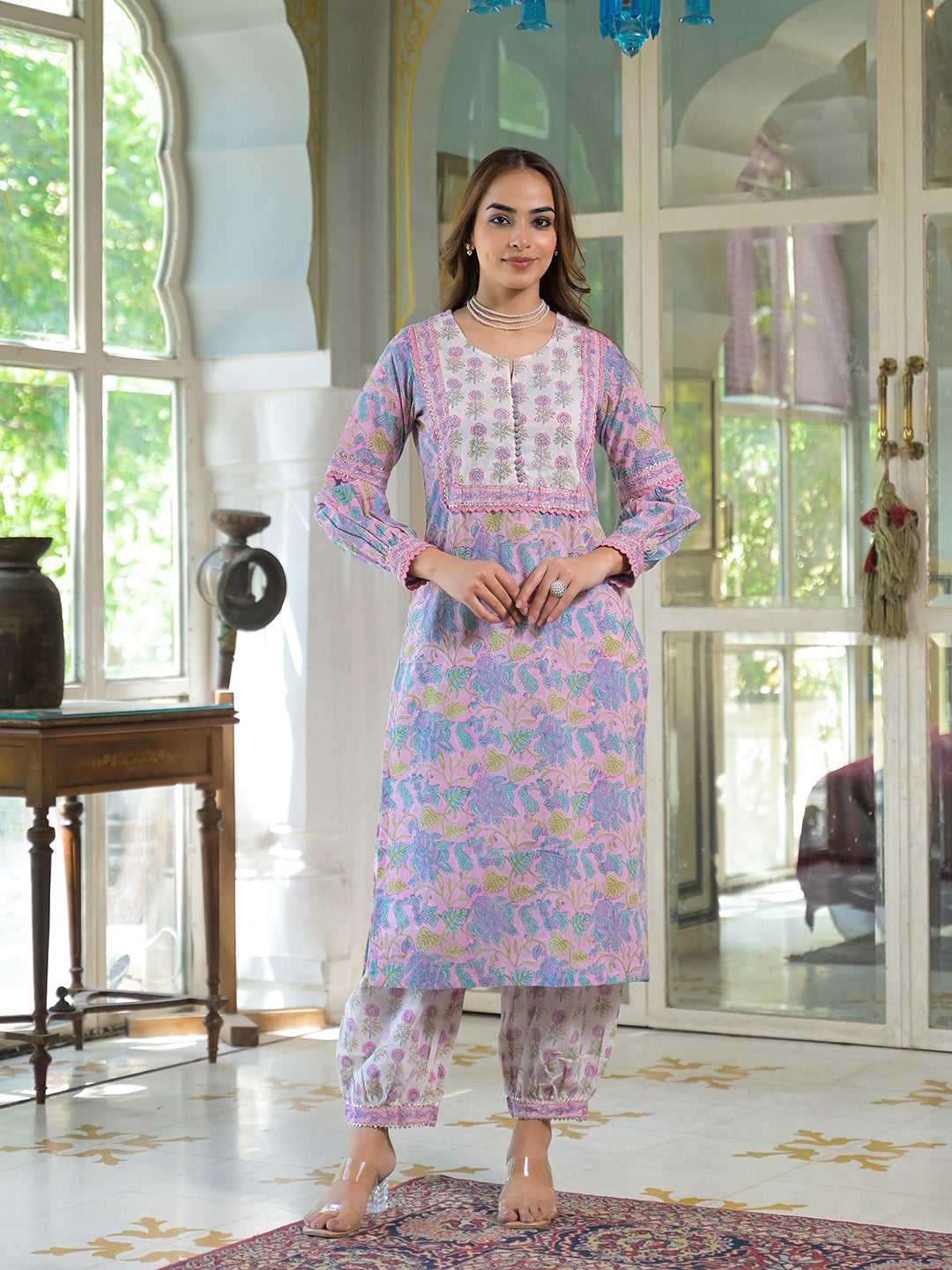 Pink Cotton Block Print Straight Kurta Pant With Dupatta