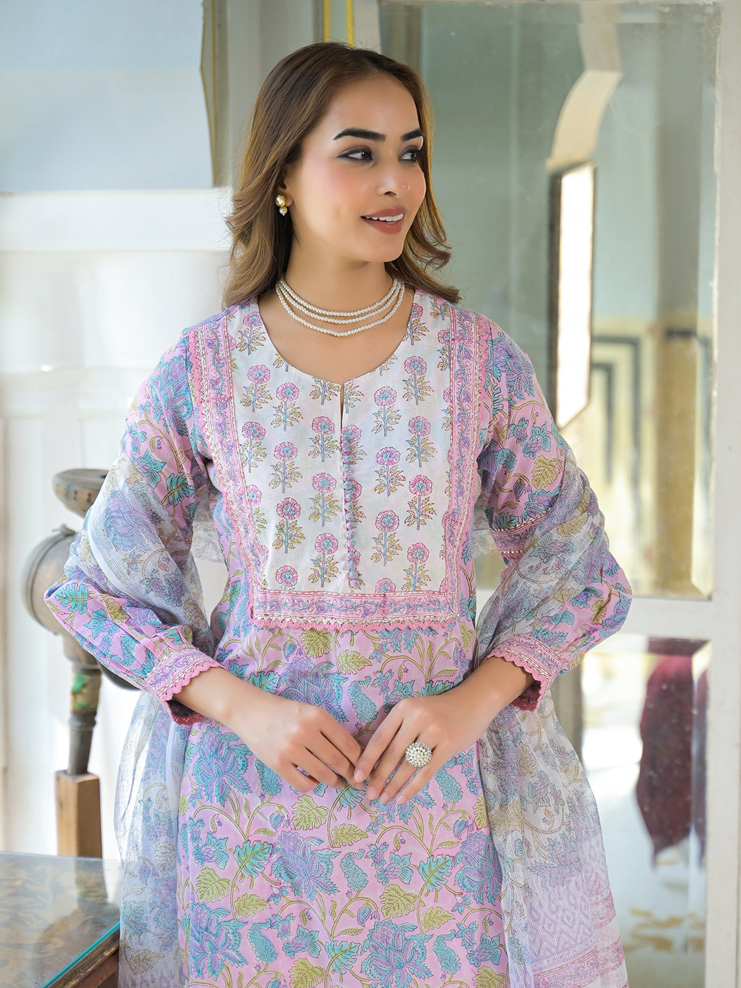 Pink Cotton Block Print Straight Kurta Pant With Dupatta