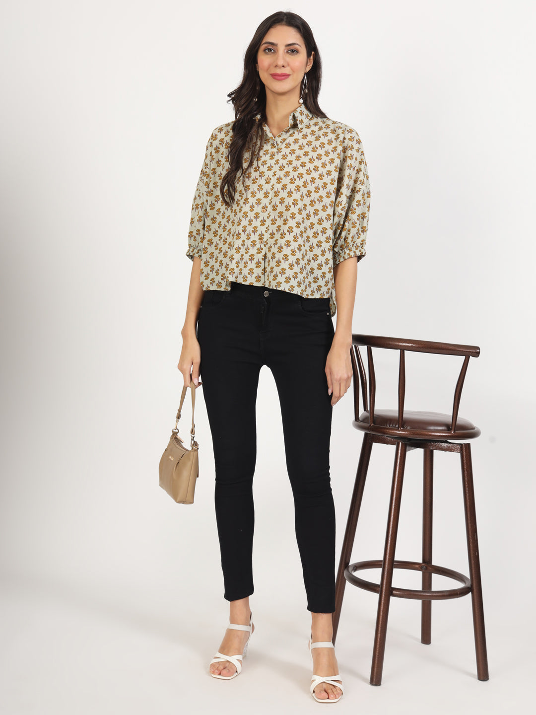 Green Floral Printed Cotton Tops