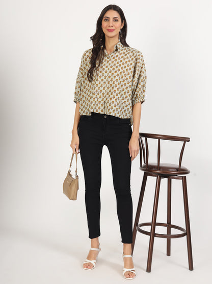 Green Floral Printed Cotton Tops
