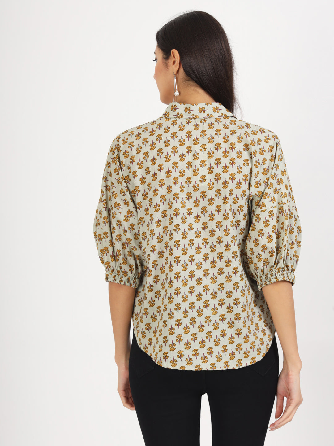 Green Floral Printed Cotton Tops