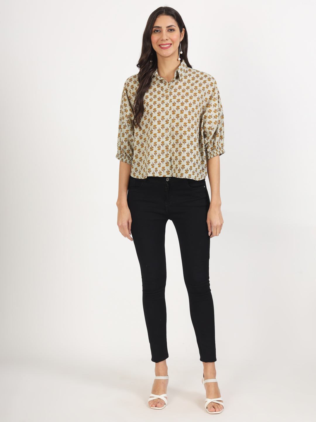 Green Floral Printed Cotton Tops