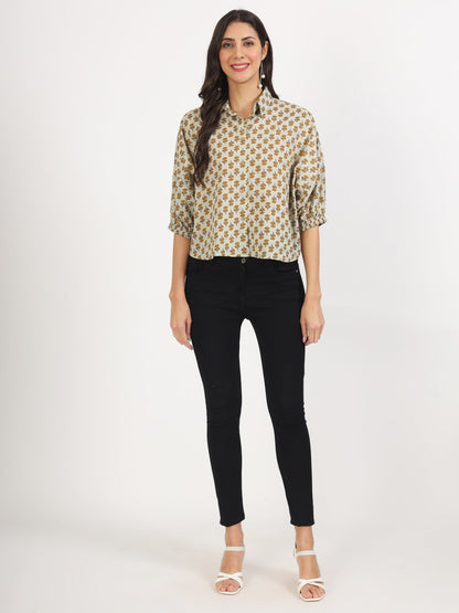 Green Floral Printed Cotton Tops