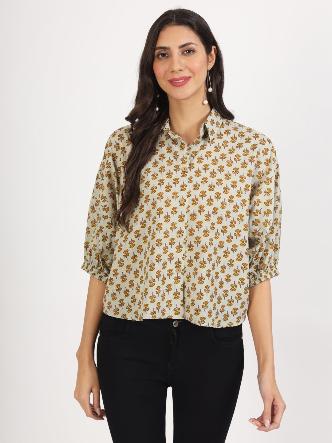 Green Floral Printed Cotton Tops