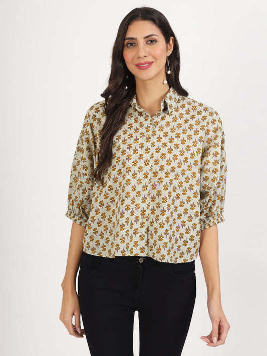 Green Floral Printed Cotton Tops