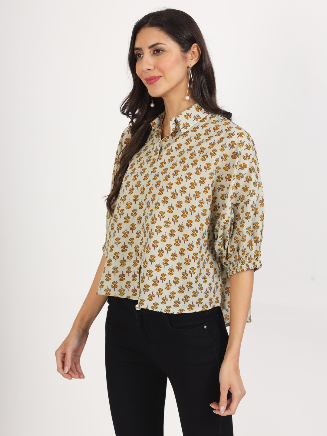 Green Floral Printed Cotton Tops