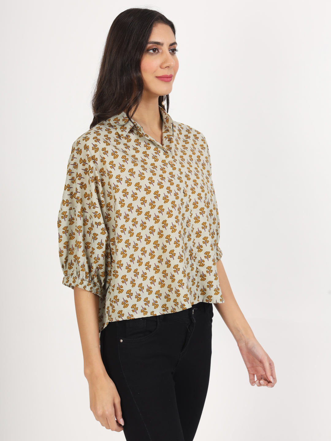 Green Floral Printed Cotton Tops