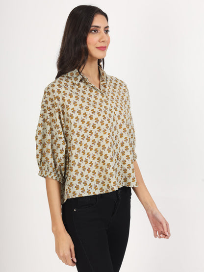 Green Floral Printed Cotton Tops