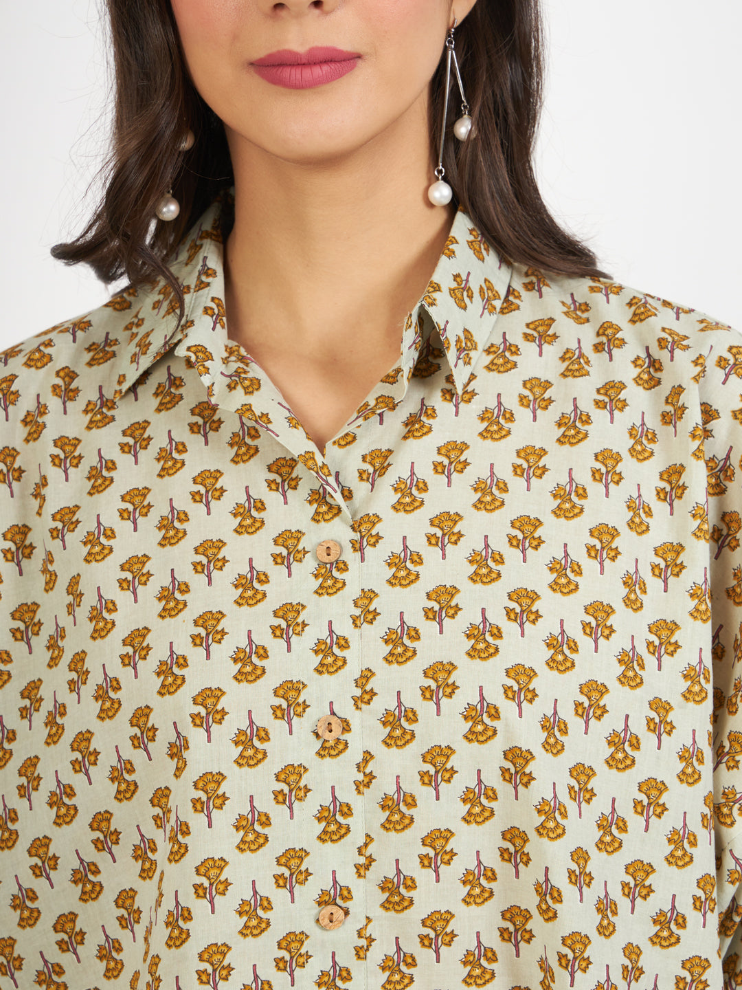 Green Floral Printed Cotton Tops