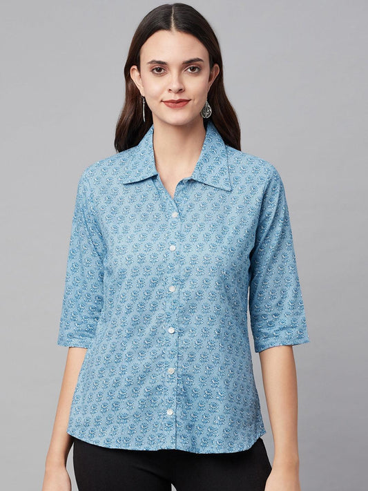  Sky Blue Block Printed Casual Women Shirts -  world