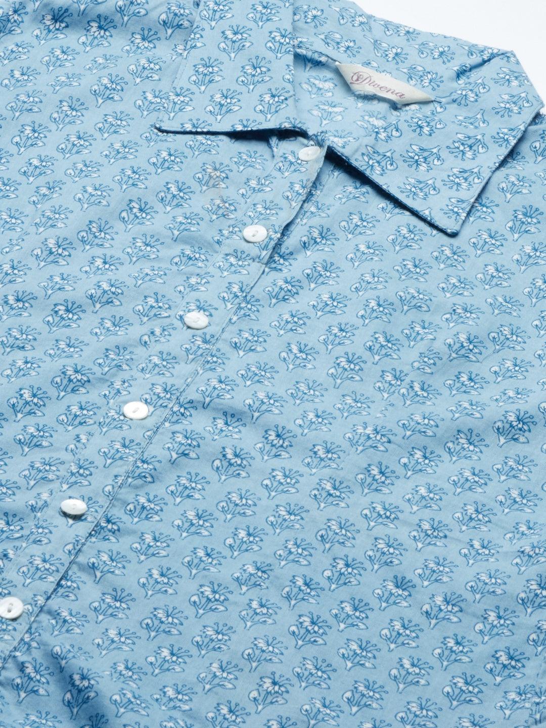  Sky Blue Block Printed Casual Women Shirts -  world