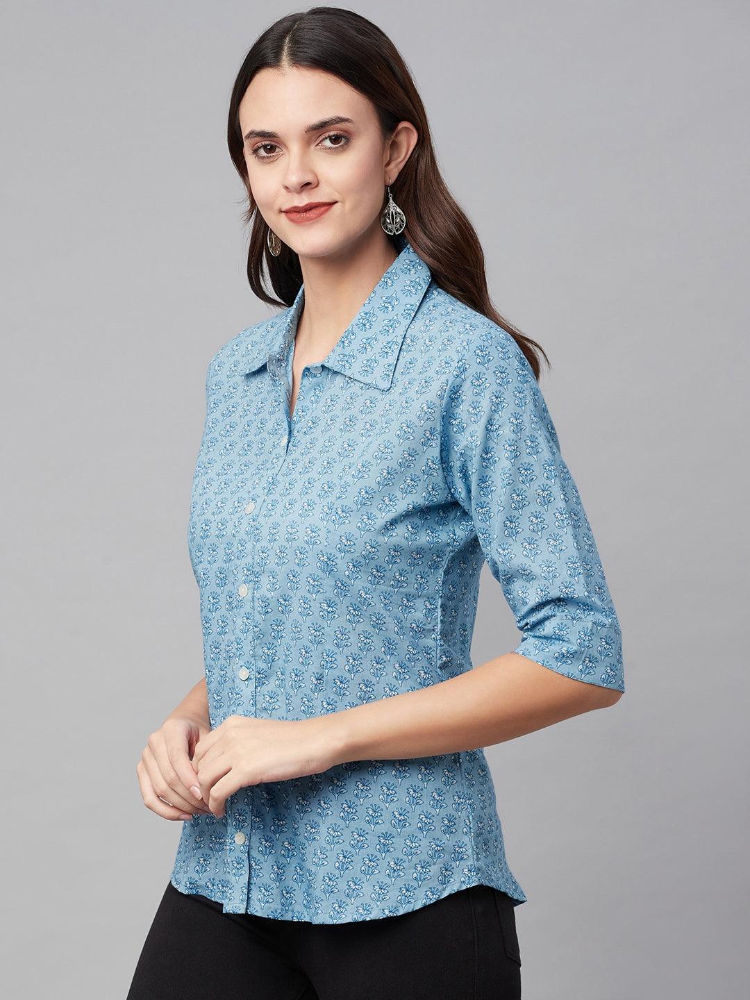  Sky Blue Block Printed Casual Women Shirts -  world