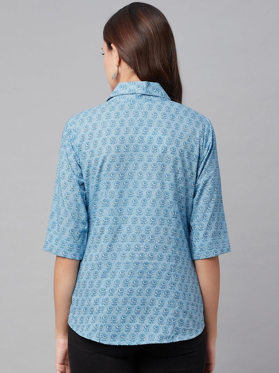  Sky Blue Block Printed Casual Women Shirts -  world