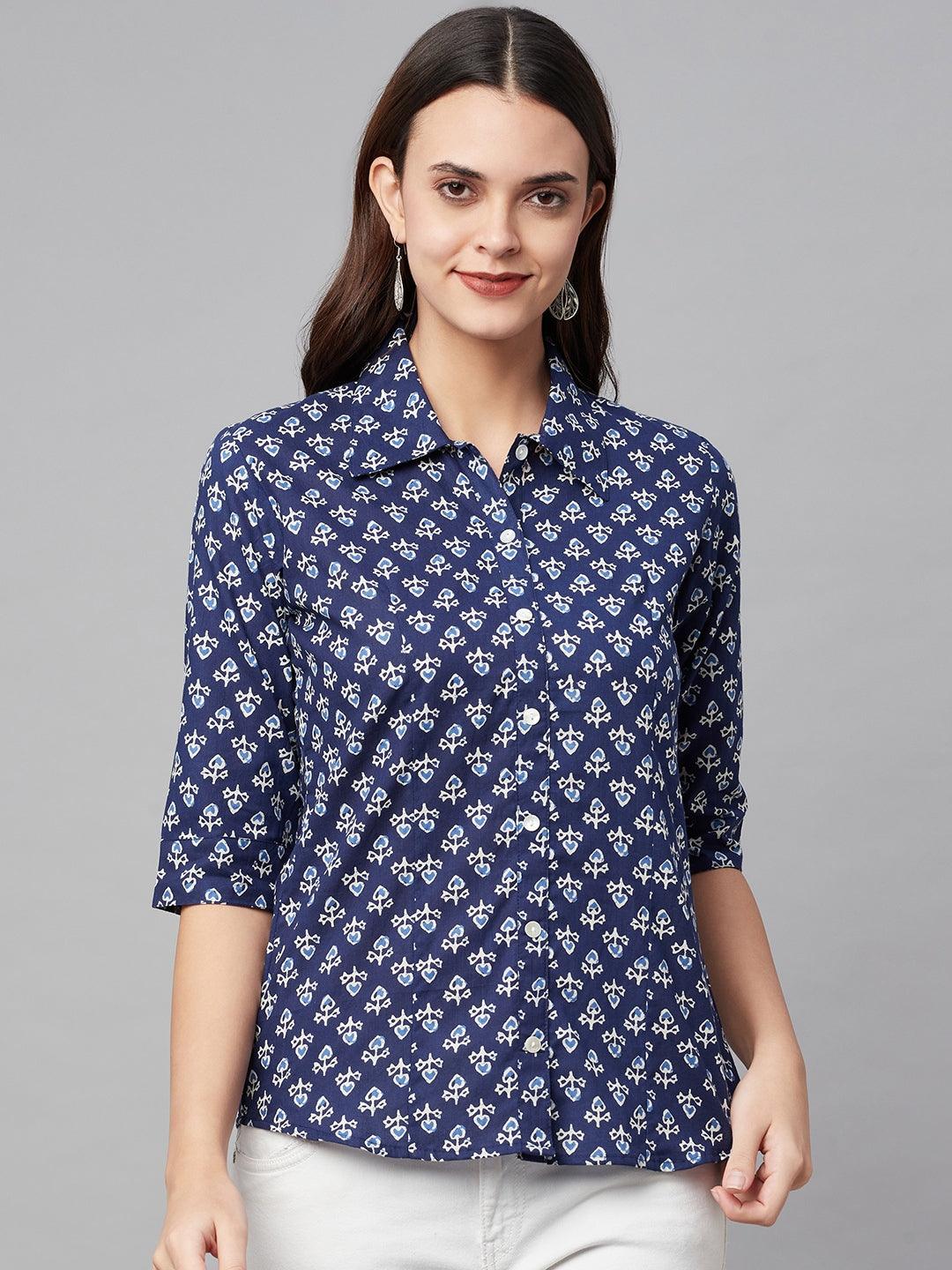  indigo Block Printed Casual Women Shirts -  world