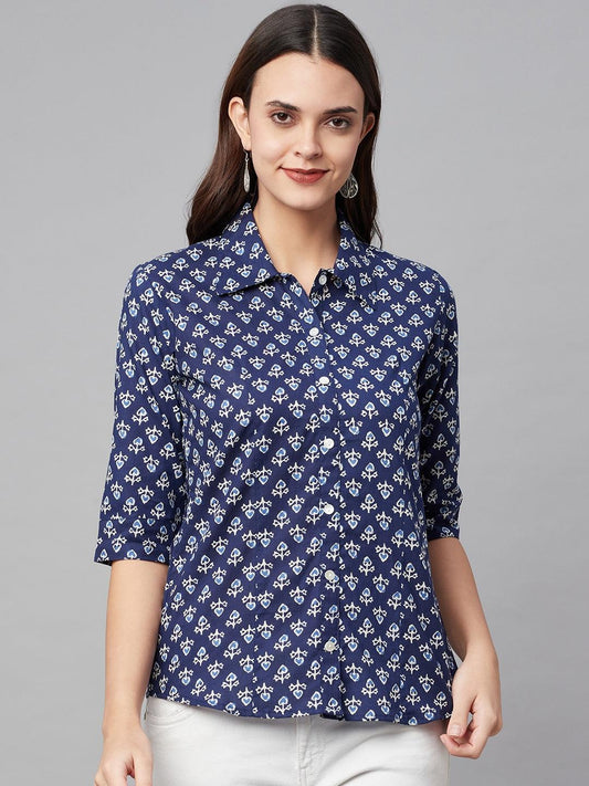  indigo Block Printed Casual Women Shirts -  world
