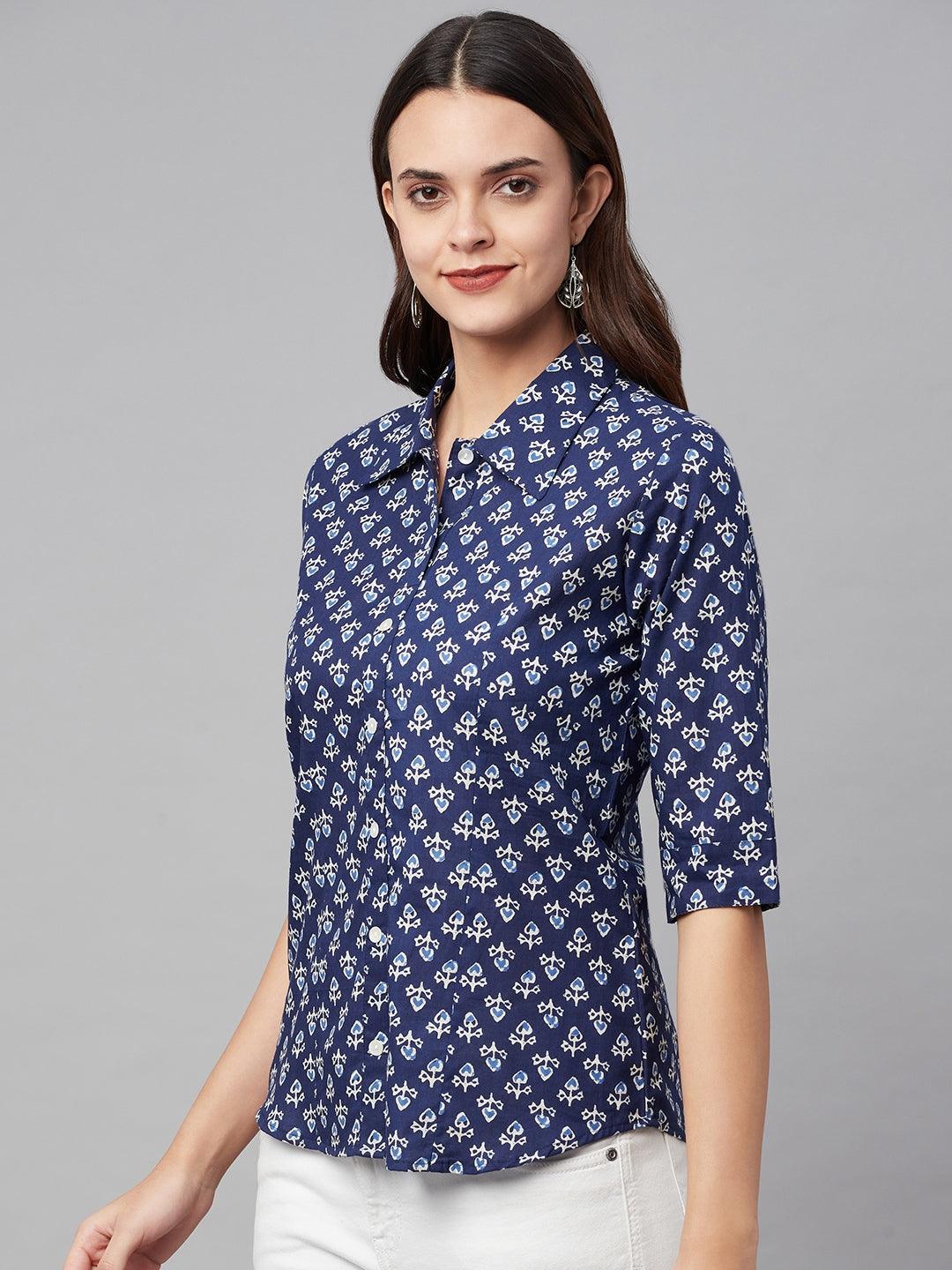  indigo Block Printed Casual Women Shirts -  world