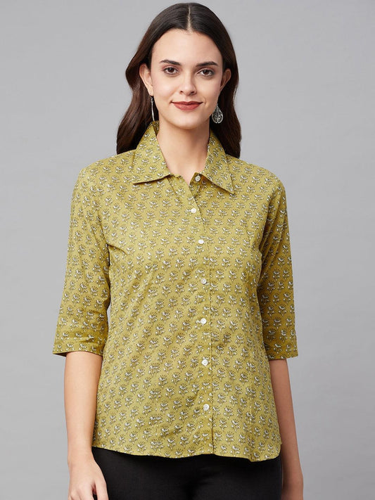  Mehndi Green Block Printed Casual Women Shirts -  world