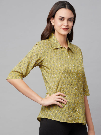  Mehndi Green Block Printed Casual Women Shirts -  world