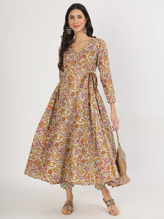 Green Floral Print Cotton Angrakha Kurta Pants set