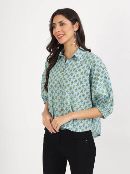 Sky Blue Floral Printed Cotton Tops