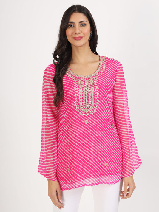 Pink Leheriya Gotta Patti Work Geogratte Round Neck Top