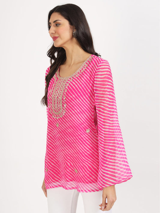 Pink Leheriya Gotta Patti Work Geogratte Round Neck Top