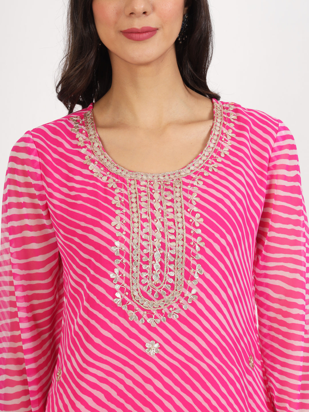 Pink Leheriya Gotta Patti Work Geogratte Round Neck Top