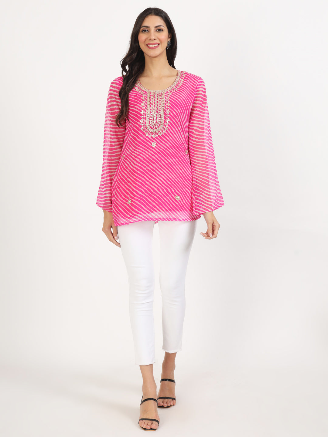 Pink Leheriya Gotta Patti Work Geogratte Round Neck Top