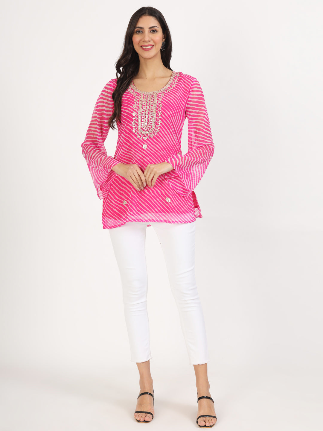 Pink Leheriya Gotta Patti Work Geogratte Round Neck Top