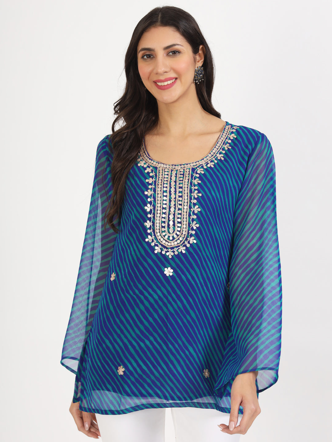 Blue Leheriya Gotta Patti Work Geogratte Round Neck Top