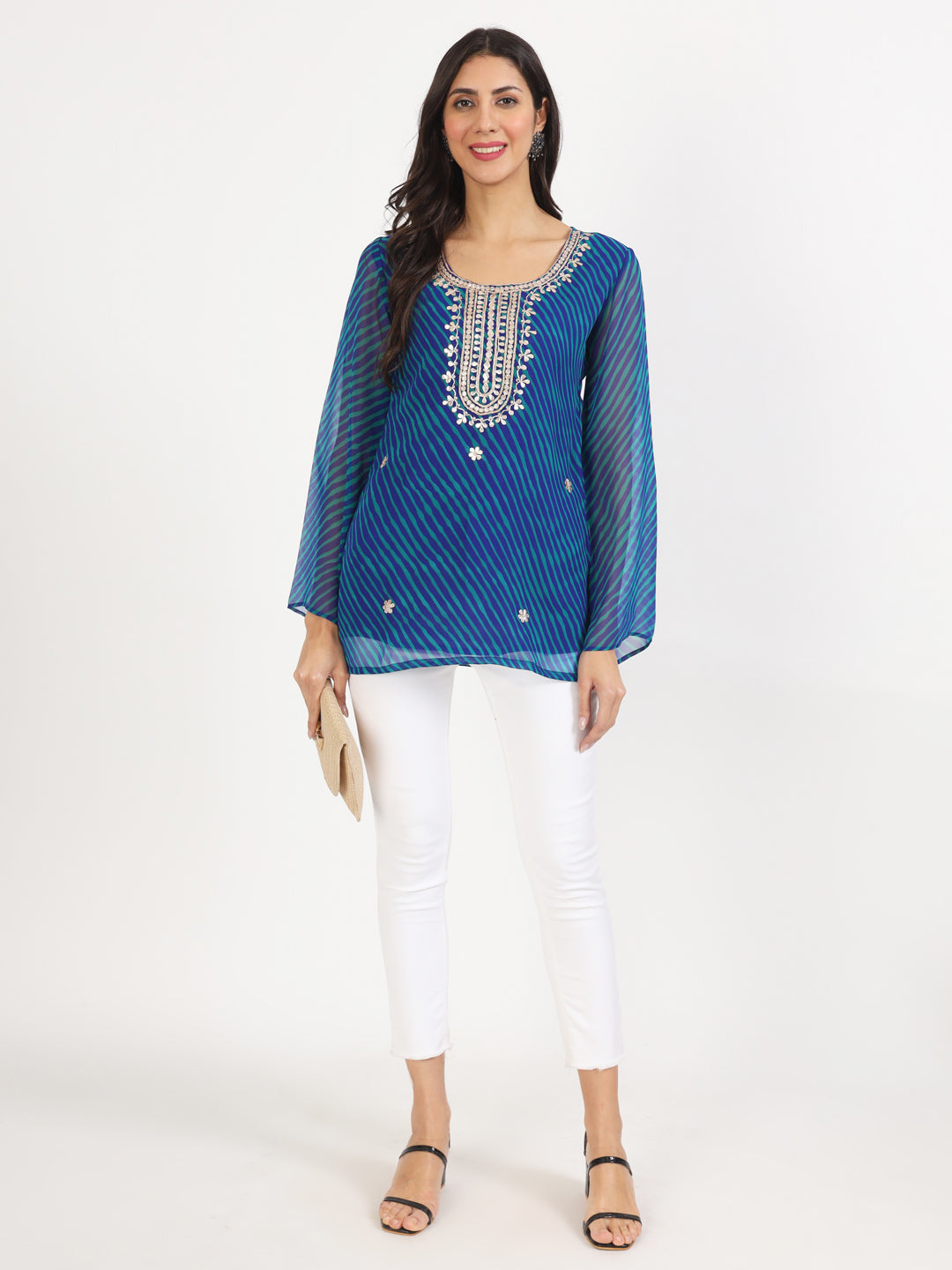 Blue Leheriya Gotta Patti Work Geogratte Round Neck Top