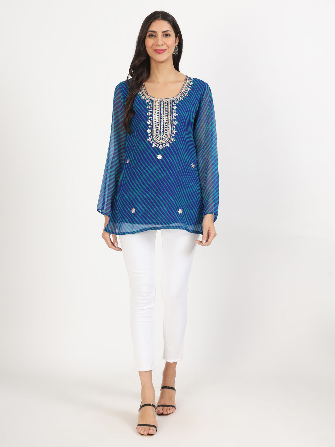 Blue Leheriya Gotta Patti Work Geogratte Round Neck Top