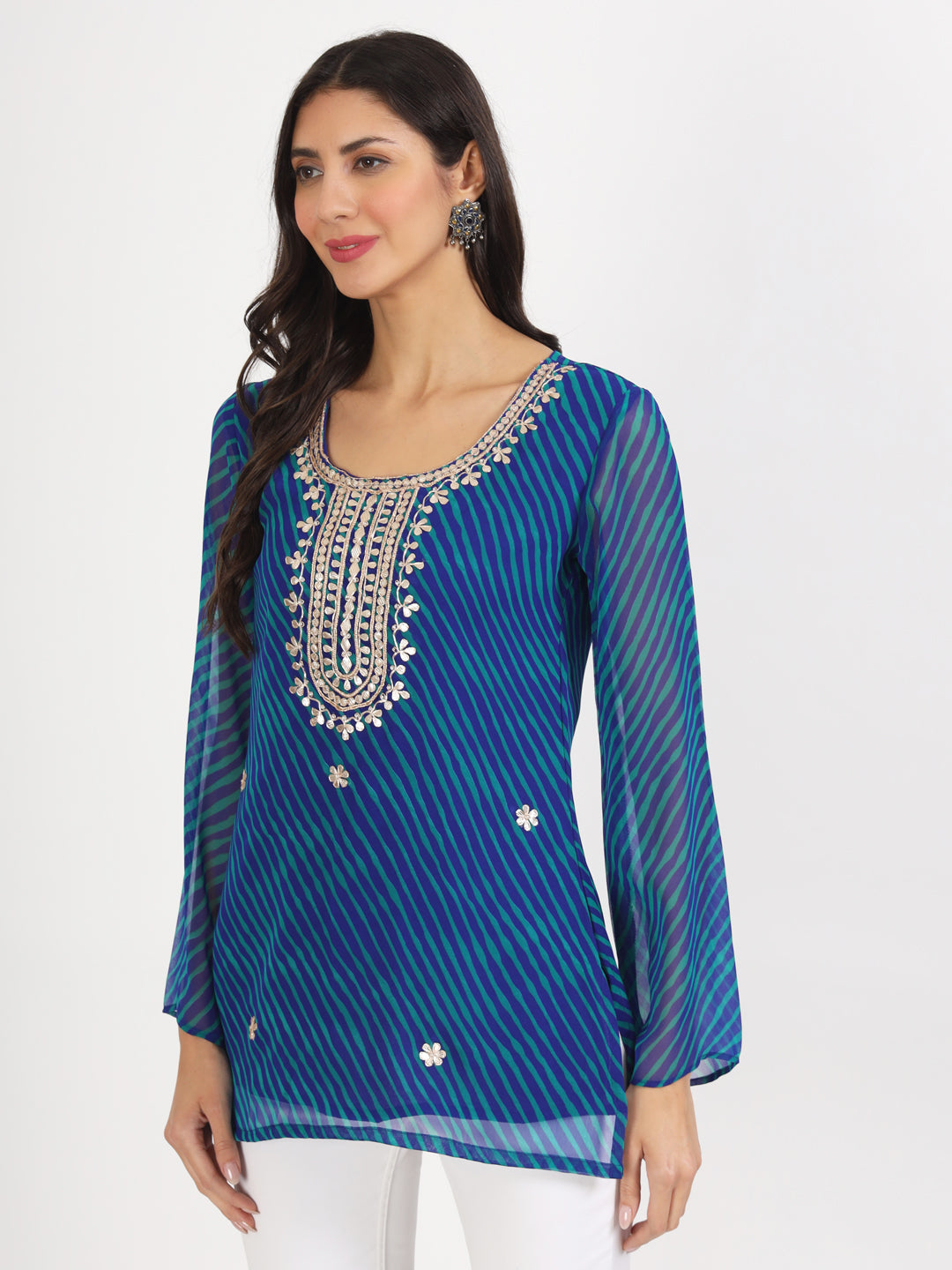 Blue Leheriya Gotta Patti Work Geogratte Round Neck Top