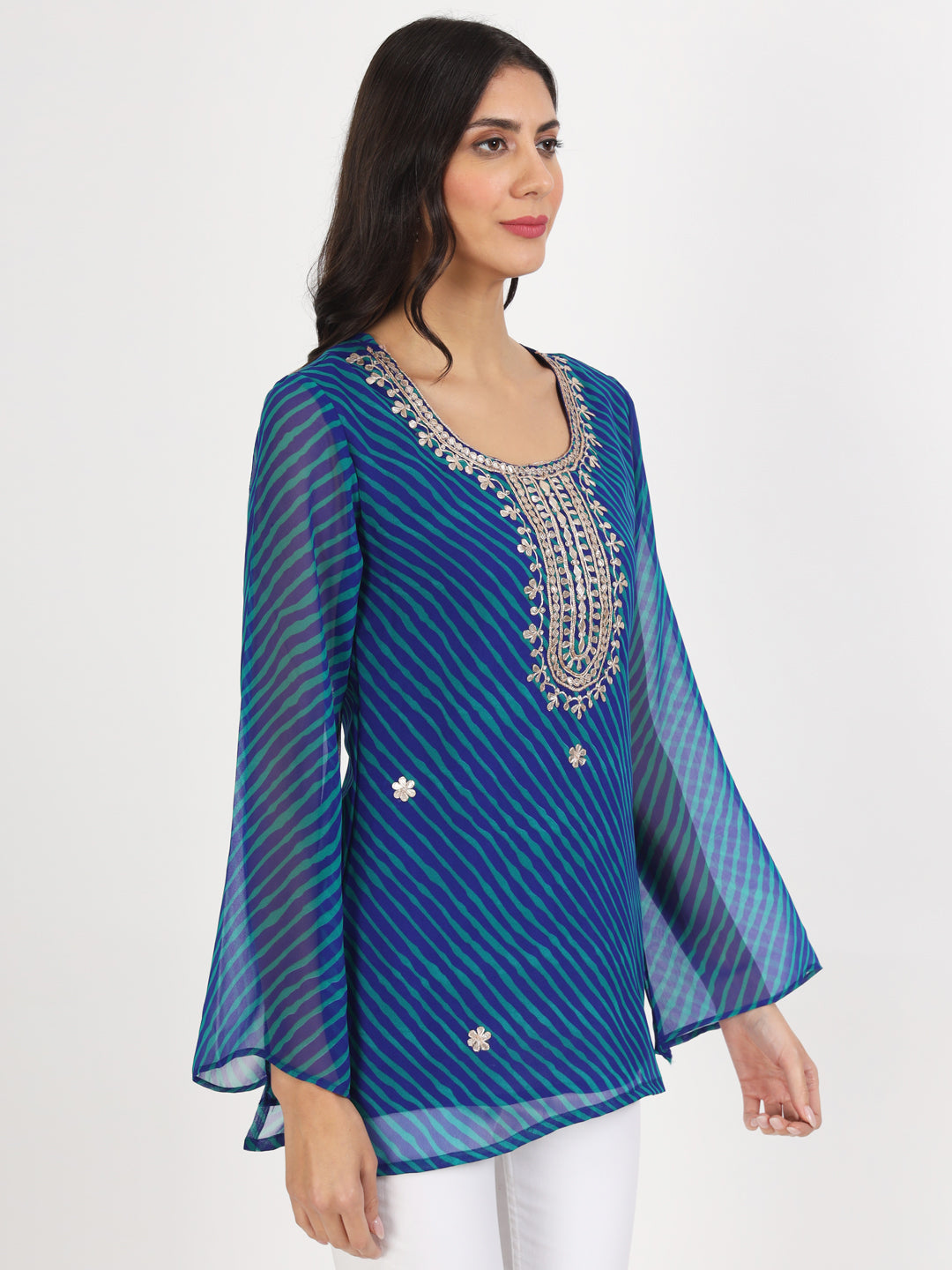 Blue Leheriya Gotta Patti Work Geogratte Round Neck Top