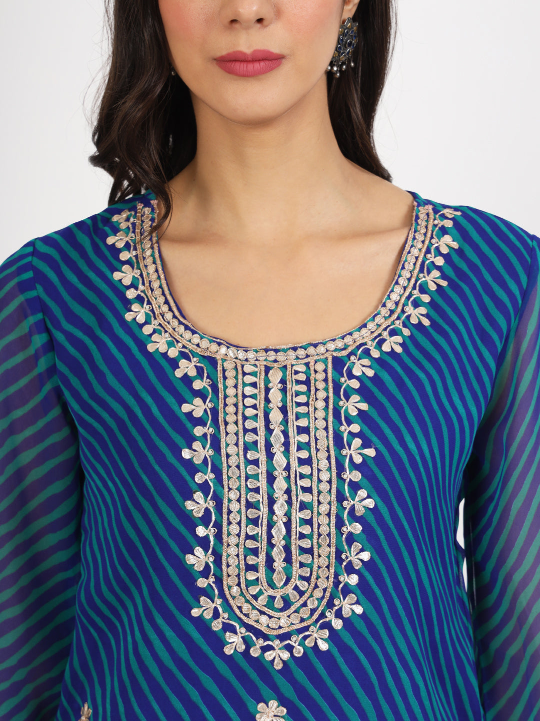 Blue Leheriya Gotta Patti Work Geogratte Round Neck Top