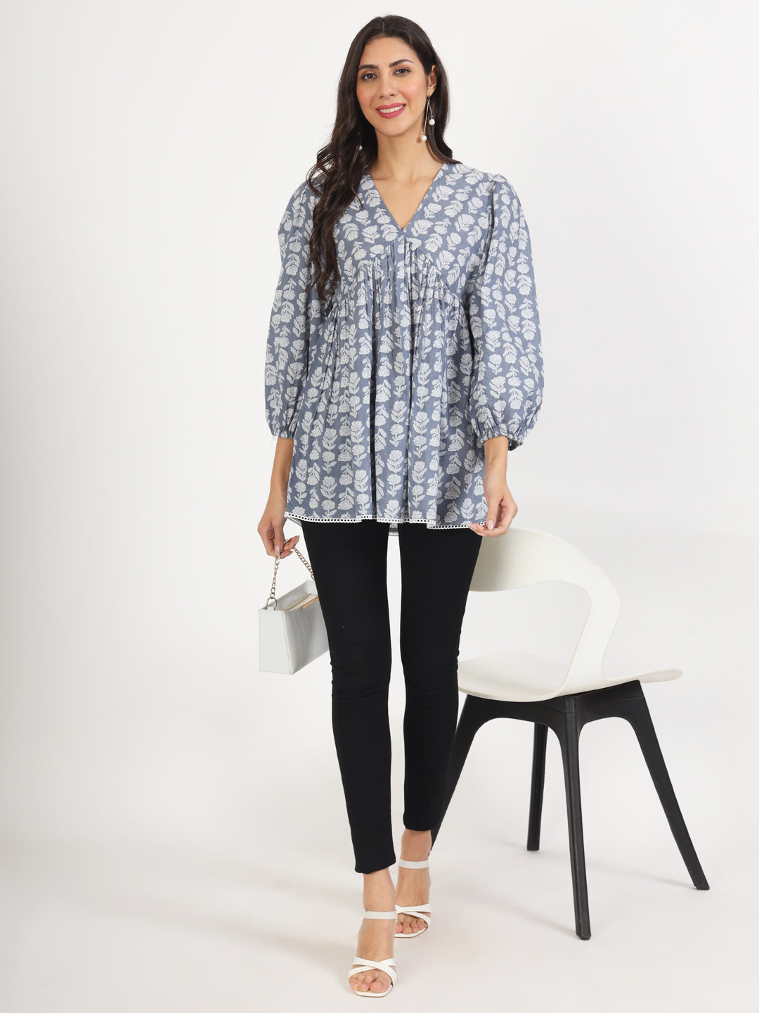 Grey White Floral Printed Cotton Top