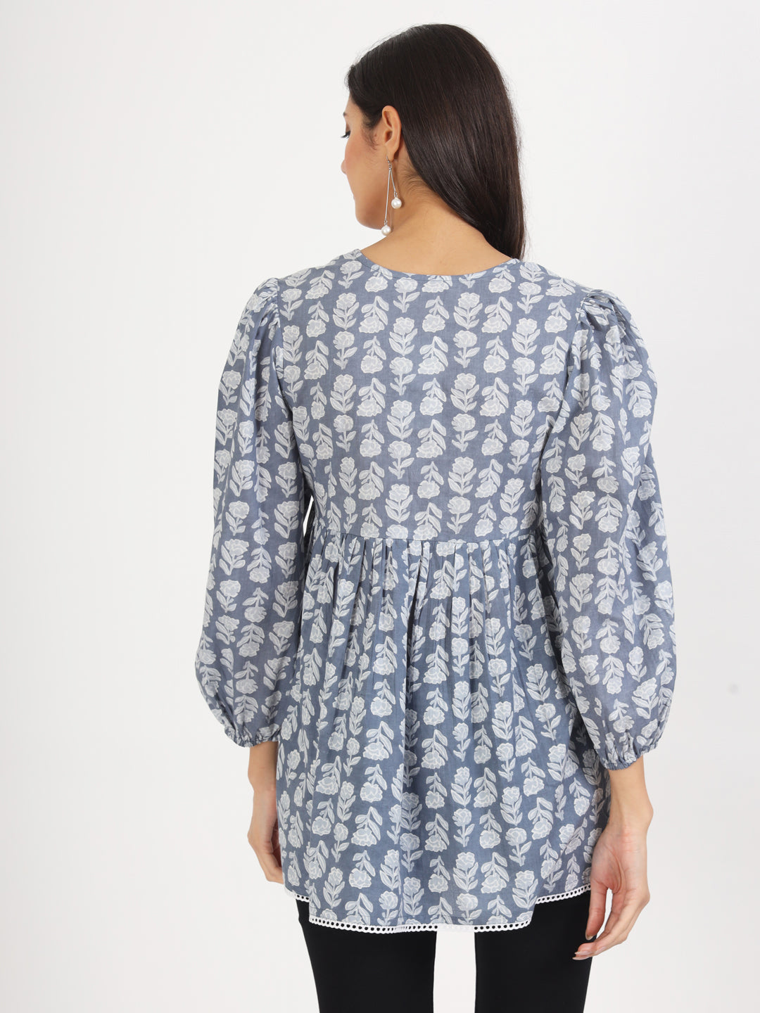 Grey White Floral Printed Cotton Top