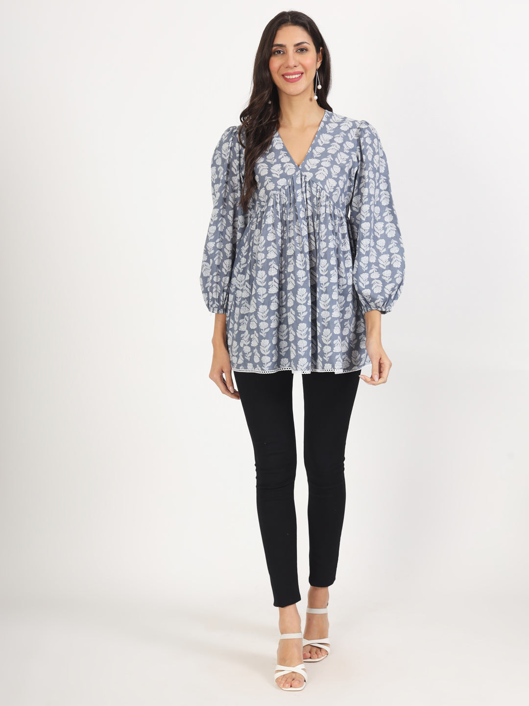 Grey White Floral Printed Cotton Top
