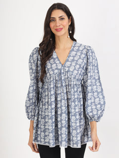 Grey White Floral Printed Cotton Top