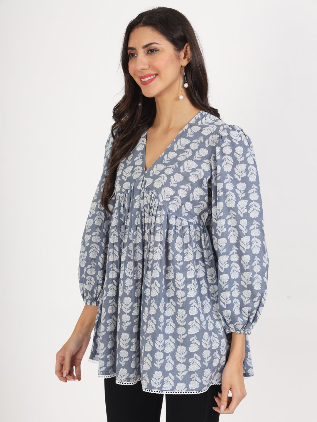 Grey White Floral Printed Cotton Top
