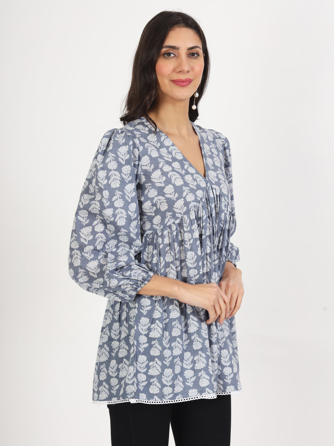 Grey White Floral Printed Cotton Top