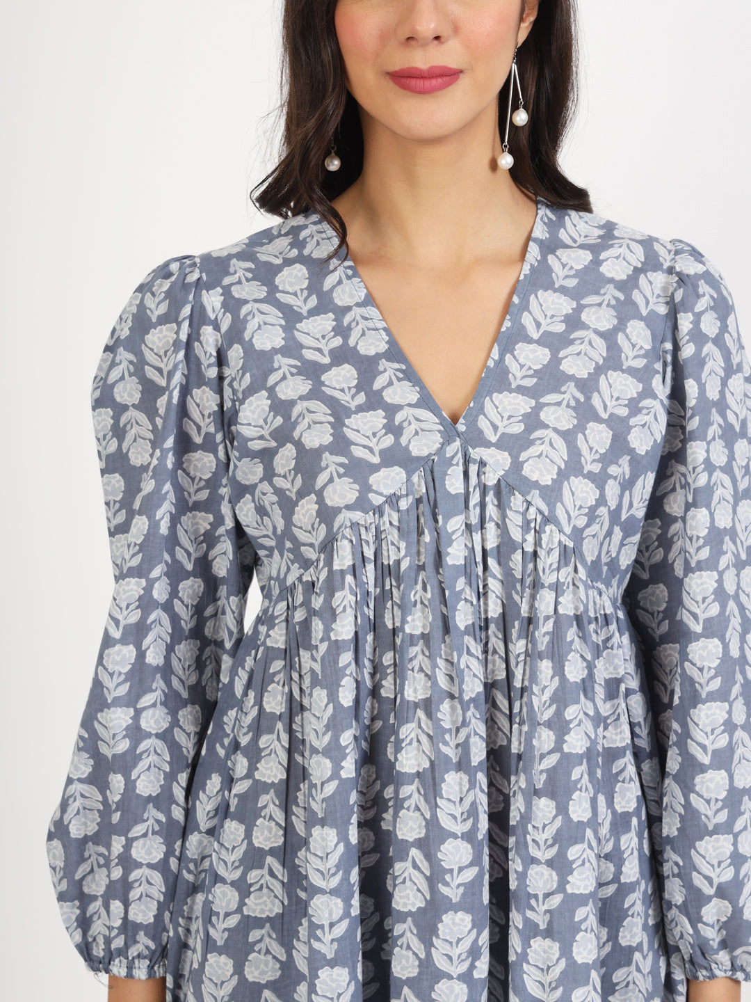 Grey White Floral Printed Cotton Top