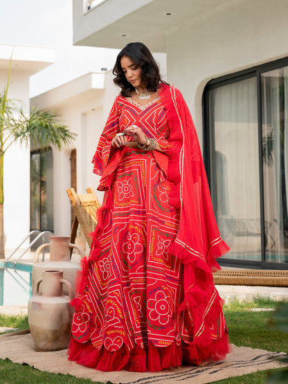 Bandhani Printed Cotton Lehenga & Blouse With Dupatta